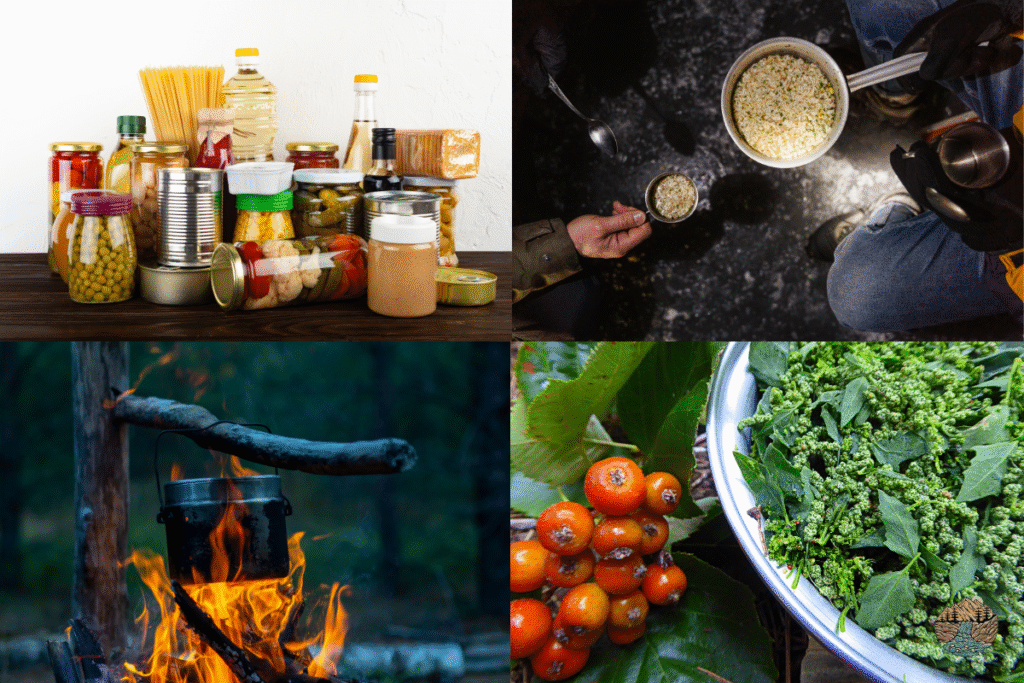 How much food to stockpile per person. Photo collage of survival foods.