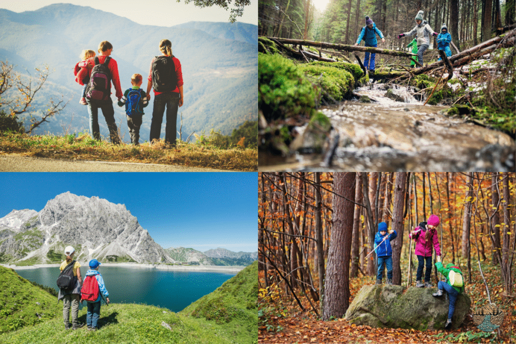 A collage of kids hiking with their friends and parents while wearing a variety of the best hiking boots for kids.