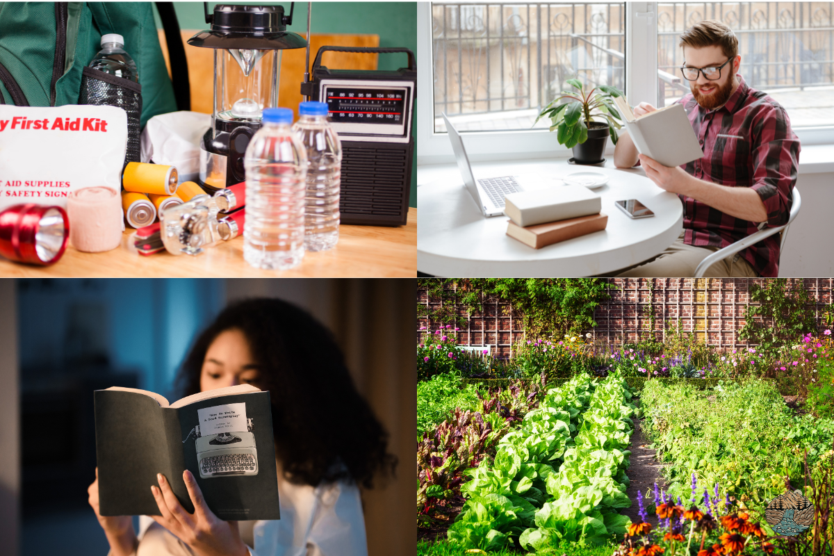 Best books for preppers 2025. A collage of survival themes, prepping and people reading books on preparedness.