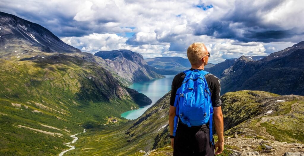 backpacker, mountains, panorama, viewpoint, backpacking, hiker, hiking, mountain ranges, valley, mountain valley, lake, mountain lake, landscape, nature, norway, outdoors, bessegen, man, hiking, hiking, hiking, hiking, hiking, norway, norway, norway, man, best hiking shirts for men.