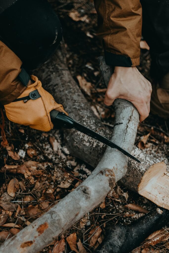Close-up of a person using a folding survival saw to cut a tree branch amidst fallen leaves.