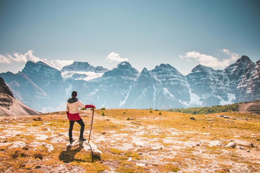 Hiker with a wood hiking stick overlooking the beautiful Canadian Rockies in Banff National Park. Best wood for hiking stick.