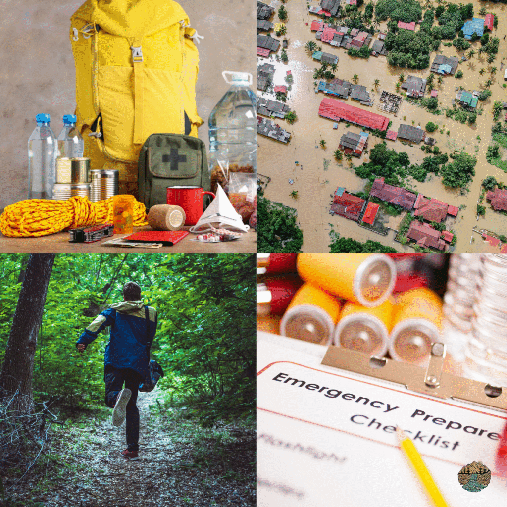A collage of pictures showing preparedness equipment, checklists, disaster zones and a man bugging out.