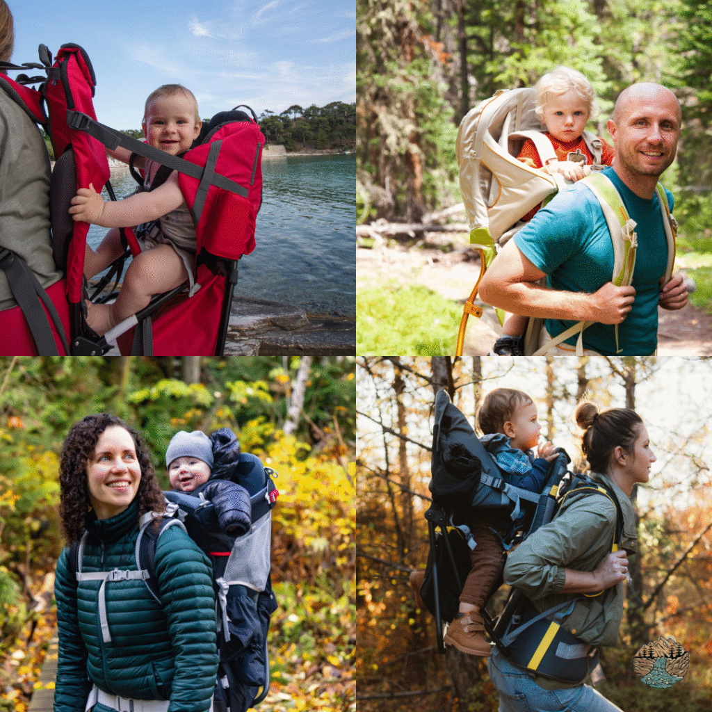 Best backpack carrier for hiking 2025. A collage of adults and their children using backpack carriers for hiking in the wilderness.