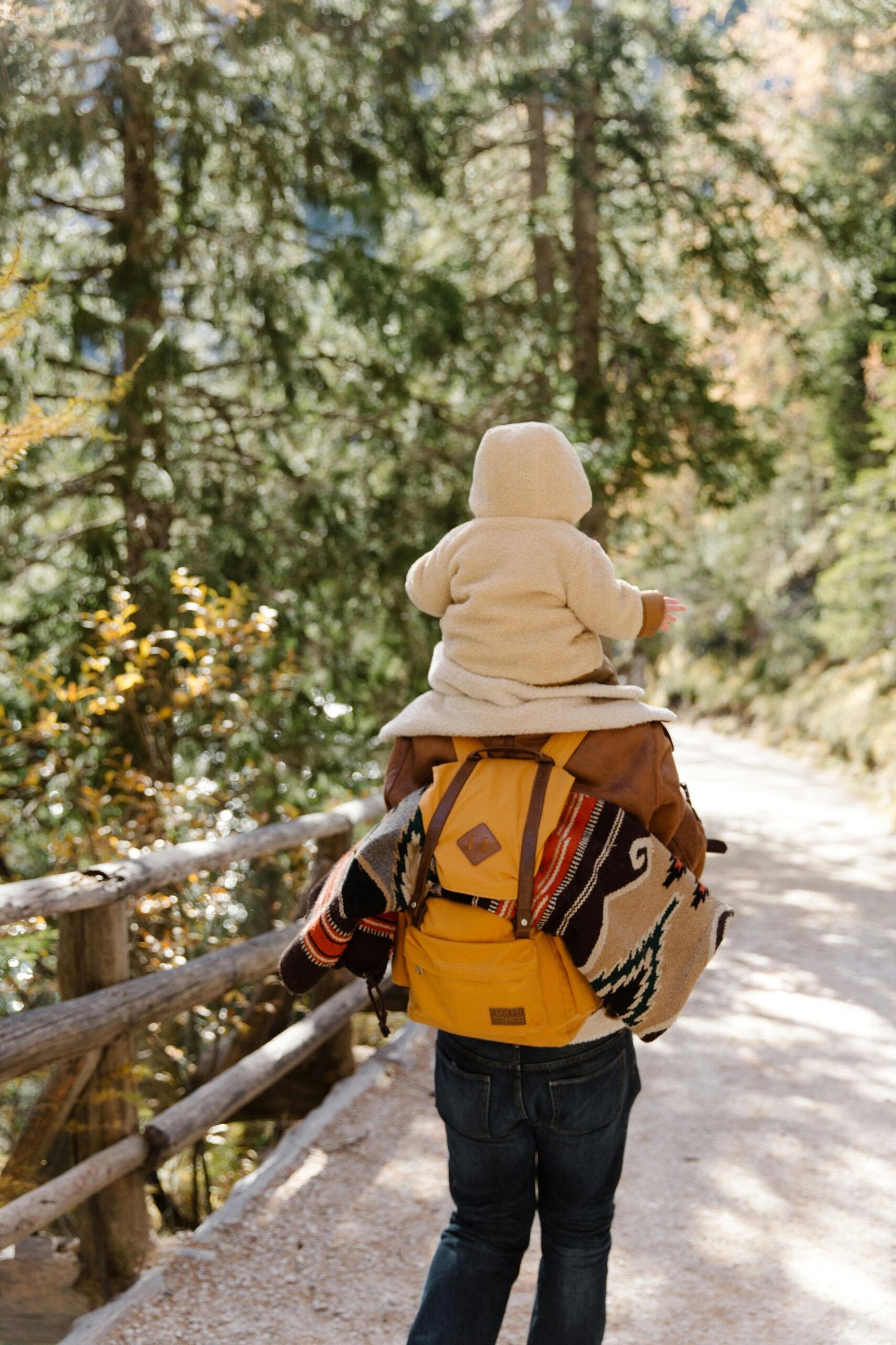 Father carrying child on shoulders through a scenic fall forest trail, enjoying nature's beauty.